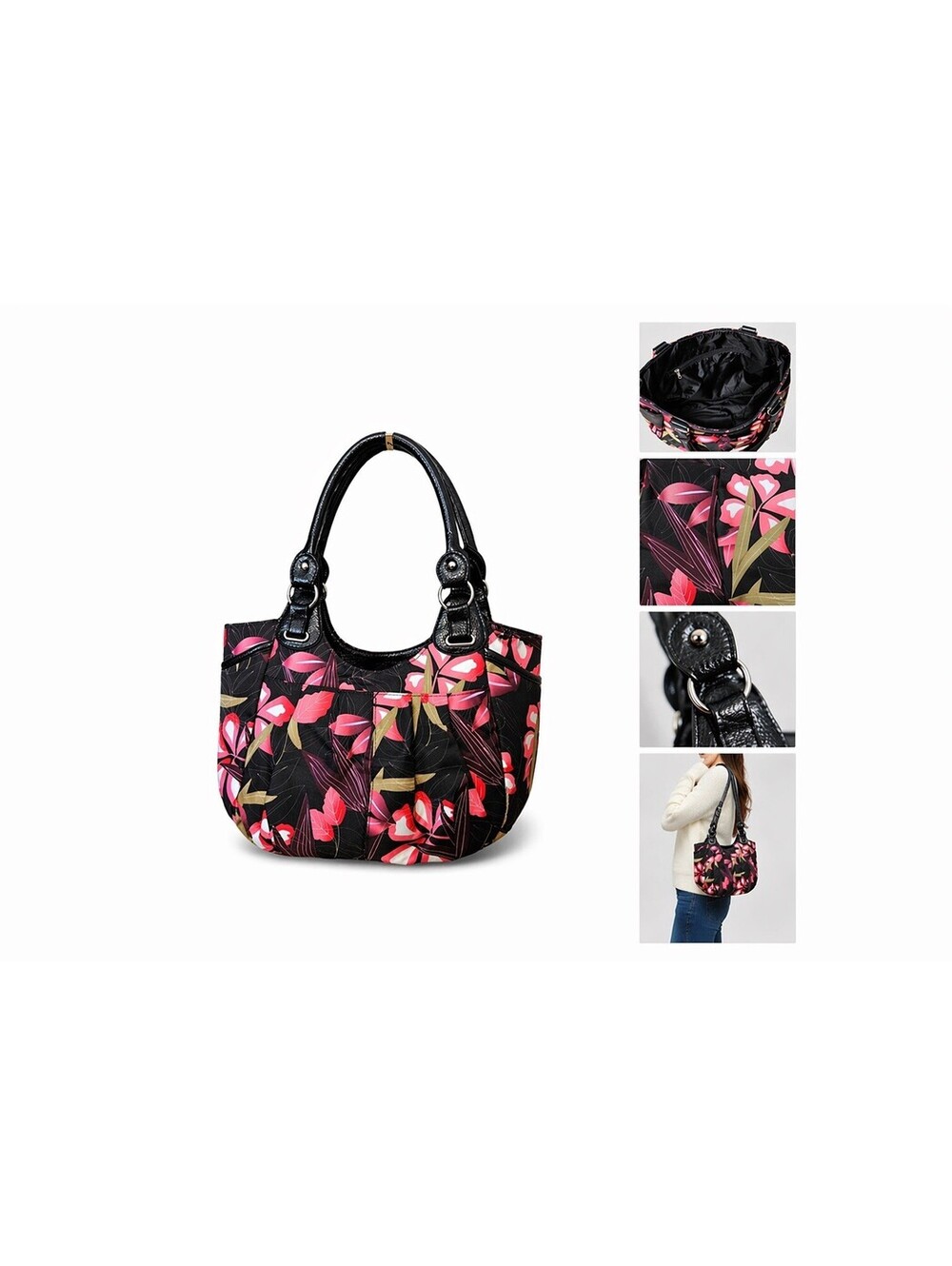 Floral Shoulder Bag Womens Black Pink Tropical Tote Purse Multi Pocket Lightweig